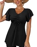 Fanuerg Women's Flowy Tankini Top Only Ruffle Sleeve Swim Bathing Suit Tops Modest Drawstring Swimsuit Top No Bottom Black M