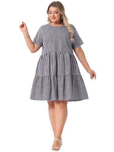 Image of Agnes Orinda Plus Size Gingham Dresses 1950s Vintage Plaid Round Neck Short Sleeve Tiered Midi Summer Dress