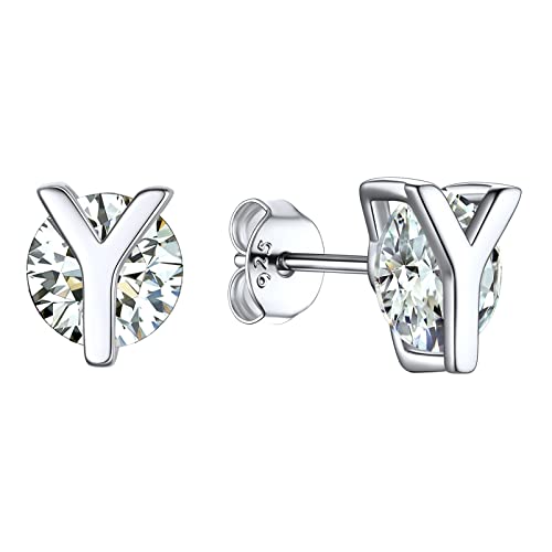 925 Sterling Silver Trendy Initial Earrings for Women, Yellow Gold/Rose Gold Plated/Cubic Zirconia Solid Silver A-Z Dainty Letter Hypoallergenic Ear Studs, Come Gift Box Y 05 Cz Initial