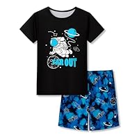 Beezizac Boys Pajamas Black & Blue Astronaut 2-Piece Short Set Soft PJ Summer Jammies Kid Size 16