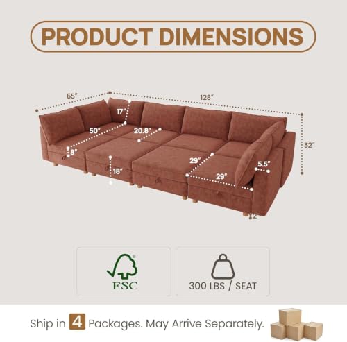 Image of 128 inch Chenille Modular Sofa Bed with Washable Covers & Storage, 8-Seater Modular Sectional Sleeper Sofa Bed with Movable Ottoman Chaise, Convertible Sleeper Sectional Couches for Living Room, Orange