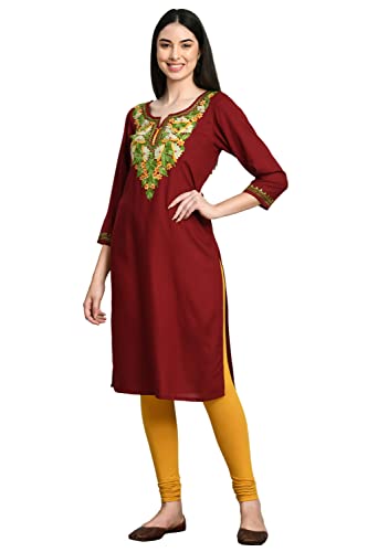 Image of QAZMI Women's Rayon Cotton Keyhole Neck Three-Quarter Sleeves Kashmiri Embroidered Straight Kurta