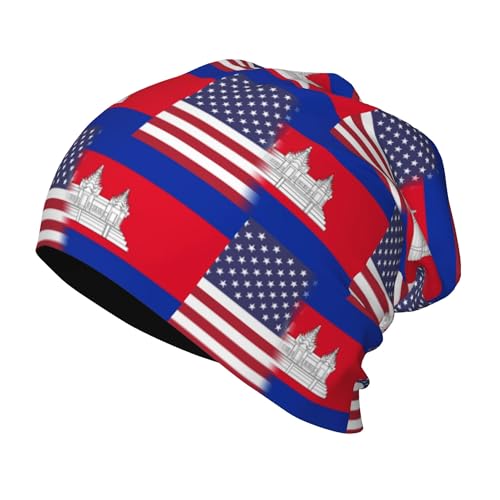 American Flag and Cambodian-Flag Kids Leisure Elastic Knitted Hat Junior Large Size Knit Cap Child Beanie Black