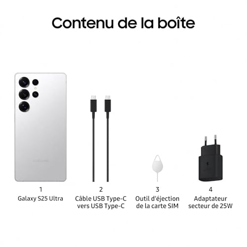 Samsung Galaxy S25 Ultra, Smartphone Android 5G avec Galaxy AI, 512 Go, Chargeur secteur rapide 25W inclus, Smartphone déverrouillé, Argent Titane, Version FR