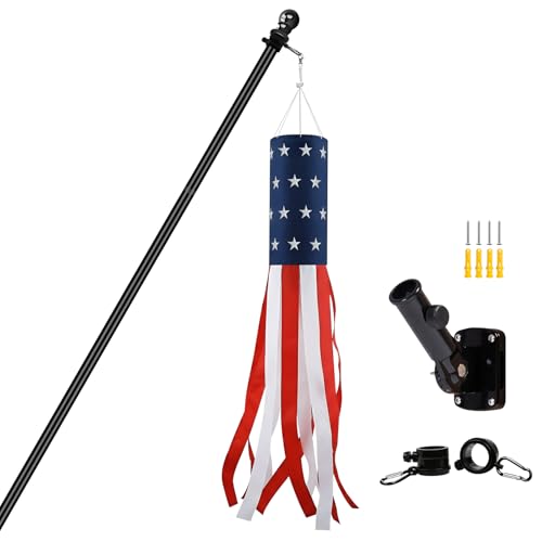 CQ Garden Windsocks Kit for Outside House 4th of July Decorations US Flag 40 Inch Wind Socks with 6FT Stainless Steel Flagpole with Flag Holder and Rings(Black)