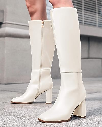 Coutgo Womens Wide Calf Knee High Boots Chunky High Heel Square Toe Fashion Leather Shoes with Side Zipper,White,Size 7 — view 3