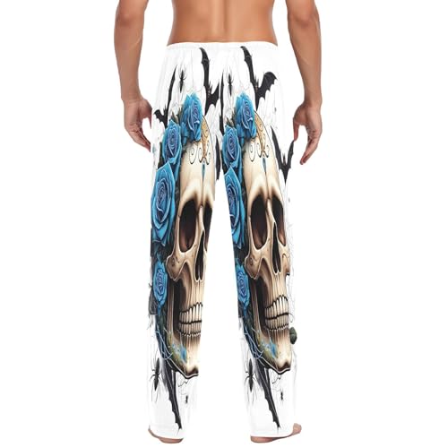Qilmy Blue Rose Skull Men's Cotton Pajama Pants, Lightweight Lounge Sleepwear with Drawstring and Pocket3