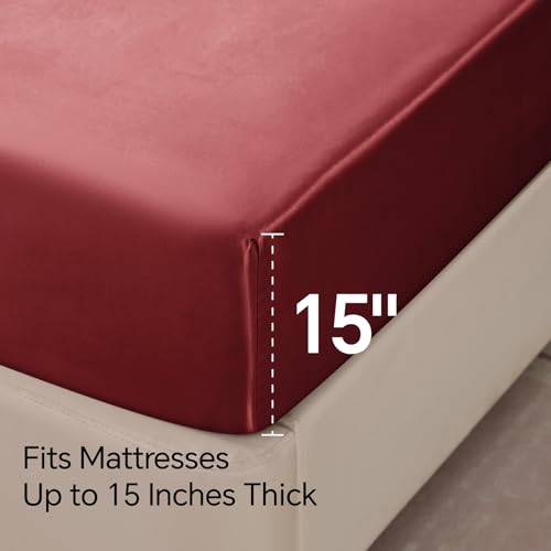 BEDELITE King Size Sheets Set, Luxury Soft Burgundy Satin Sheets for Hair and Skin, Similar to Silk Bed Sheets Set 4 Pieces with 1 Deep Pocket Fitted Sheet, 1 Flat Sheet, and 2 Pillowcases