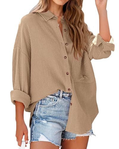 Image of NOLLSOM Casual Shirts for Women Long Sleeve Button Down Blouses Fall 2026 Solid Color Trendy Tops with Pocket
