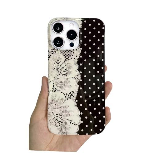 Coque iPhone 17 Pro Max dentelle noire à pois blancs vintage Y2K