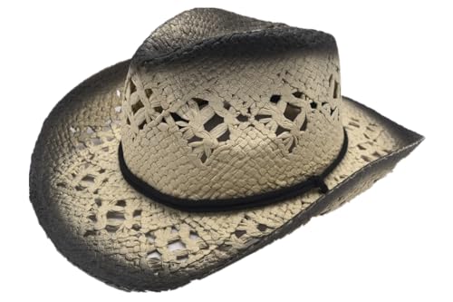 TUREVIEW Western Woven Straw Hat Cowboy Cowgirl Printed Hat Round Up Sun Hat with Windproof for Men and Women (Black)