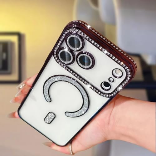 Image of for iPhone 17 Pro Max Magnetic Glitter Case,Luxury Bling Rhinestone Diamond Plated Bumper Case Sparkle Camera Lens Protection Clear Cover for iPhone 17 Pro Max (Purple)