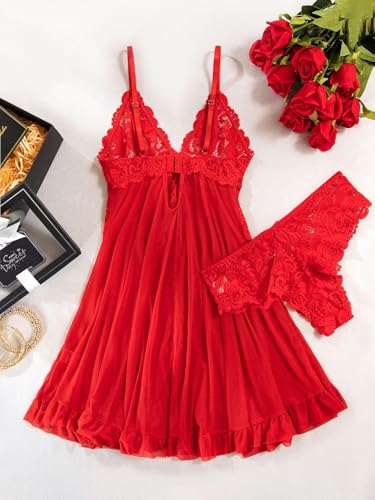 Image of Foxiny Sexy Ruffle Sheer Mesh Lace Wireless Babydoll Lingerie Dress with Thong 2 Piece