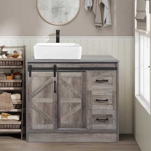 SOLIDEE 36 Inch Barn Door Bathroom Vanity, Farmhouse Style Standing