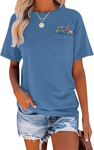 Women Embroidered Flower Shirt Wildflower Pocket Tshirt Floral Boho Style Summer Shirt Cottagecore Short Sleeve Tees