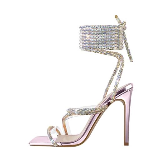 richealnini Women's Lace Up Ankle Strap Stiletto High Heel Sandals Rhinestone Clear Band Open Square Toe Tie Up To Knee High Strappy Sandals Gladiator Club Wedding Party Dress Shoes Pink Size 12