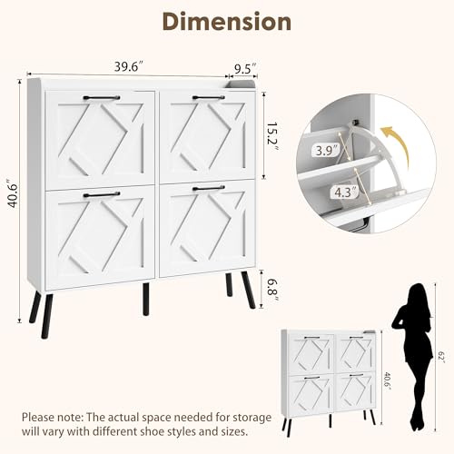 Image of Nicetree Shoe Cabinet with 4 Flip Drawers, Freestanding Shoe Organizer Cabinet with Metal Legs, Farmhouse Slim Shoe Rack Cabinet for Entryway, Foyer, Hallway, White