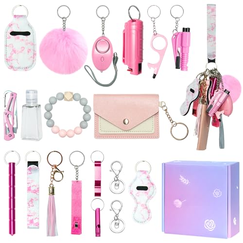 Jsngbse Safety Keychain Set for Women, Wristlet Keychain for Women with Bottle Opener, Card Holder, Wristlet Strap, Whistle, Travel Bottle Holder, Bracelet Safety Keychains for Accessories Kit