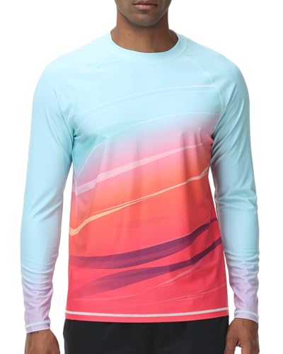 VAYAGER Herren Schwimmshirts UPF 50+ Rashguard Langarm Schnelltrocknendes T-Shirt Locker sitzendes Wasser Angeln UV-Schutzshirts(Blau Rot XL)