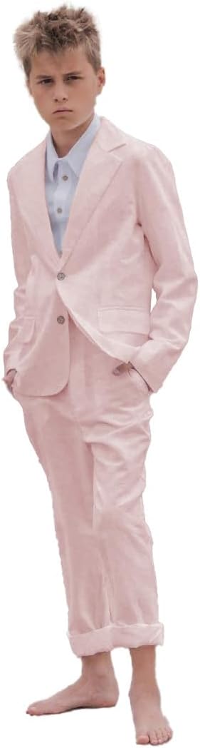 Boys 2 Piece Jacket Pants Linen Suit Toddler Tuxedo Suit Set for Teen Boys Kids Wedding Beach Summer