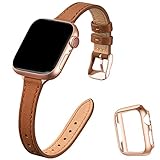 STIROLL Slim Leather Bands Compatible with Apple Watch Band 38mm 40mm 42mm 44mm, Top Grain Leather Watch Thin Wristband for iWatch SE Series 6/5/4/3/2/1 (Brown with Rose Gold, 38mm/40mm)