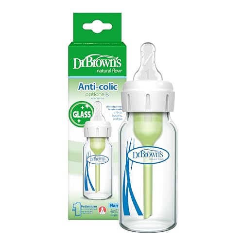 Image of Dr. Brown's Anti-Colic Options+ Narrow Glass Baby Bottle with Level 1 Slow Flow Nipple, BPA-Free, 4 oz/120mL, 0m+, 1-Pack (Packaging May Vary)