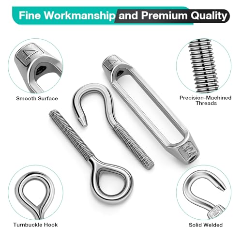 DIYLAND 10Pcs M4 Seilspanner Edelstahl, Haken und Auge Spannschloss Drahtseil Spanner Einstellbar Drahtspanner für Maschendrahtzaun, Stahlseil mit Ösen, Gardinenseil und Seilspannmarkise