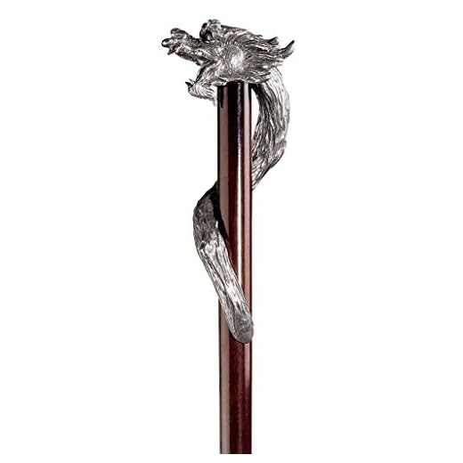Design Toscano Staff of St. George Dragon Walking Stick, 35 Inch, Pewter Handle and Hardwood Cane, Silver