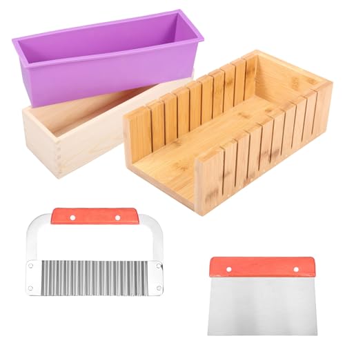 Conjunto de cortadores de jabón, molde de jabón rectangular de silicona con caja de madera, cortador de jabón de madera ajustable, acero inoxidable, corte recto y ondulado, herramienta de bricolaje
