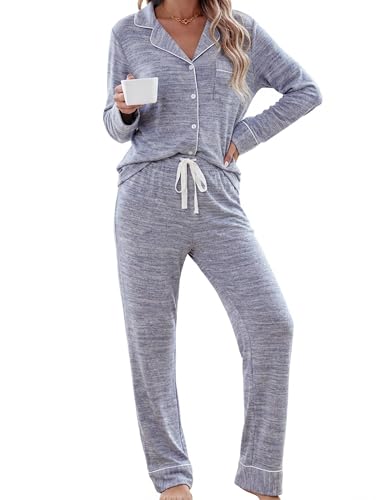 Image of Leikar Button Up Pajama Set For Women Long Sleeve Shirt And Pajama Pants Soft Pjs Lounge Sets
