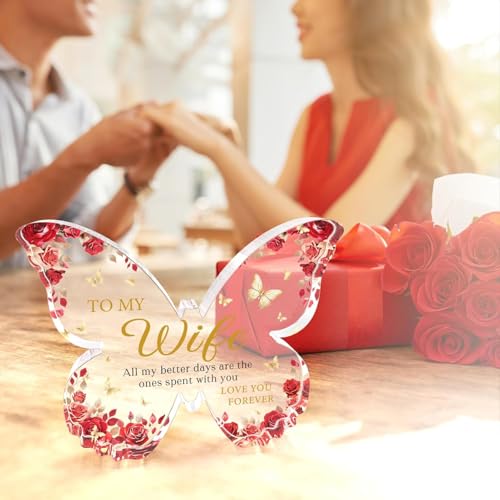 Image of Gifzy Romantic Wife Anniversary Birthday Gift Ideas, 5x5x0.5 Inch Butterfly Acrylic Plaque Decor, Mothers Day Valentines Christmas Wedding Present for Wife