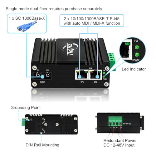 Image of Industrial Gigabit Media Converter Single Mode SC 20km 12~48VDC