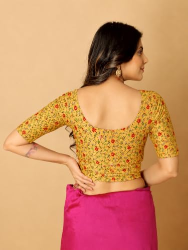 Image of Amazon Brand - Anarva Round Neck Dobby Cotton Lycra Stretchable Elbow Half Sleeve Readymade Saree Blouse for Women Stylish