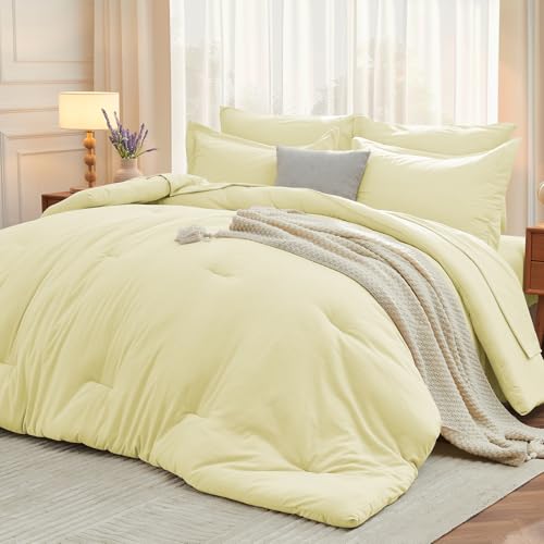 MUXHOMO 7 Pieces Queen Comforter Set, Soft Bed in a Bag Queen Size, All Season Bedding Set with Comforter, Flat Sheet, Fitted Sheet, Pillowcases & Shams, Cream Yellow