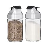 J&M Design Glass Salt and Pepper Shakers Set with Moisture Free Plastic Flip Lid for Kitchen Countertop or Travel Spice Seasoning Use - Set Of 2 Refillable Bottle Dispenser Container Shaker