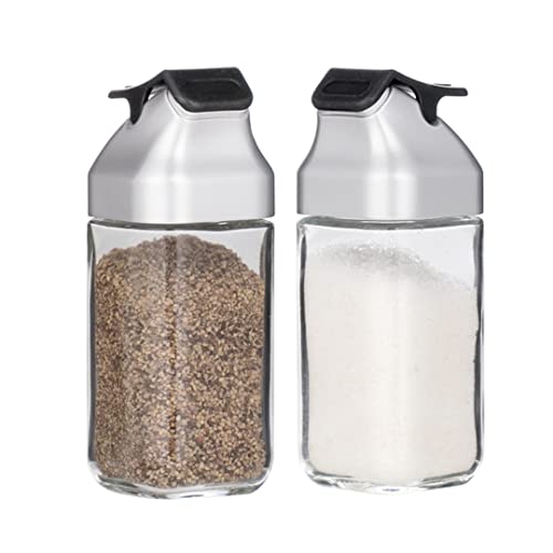 J&M DESIGN Glass Salt and Pepper Shakers Set with Moisture Free Plastic Flip Lid for Kitchen Countertop or Travel Spice Seasoning Use - Set Of 2 Refillable Bottle Dispenser Container Shaker