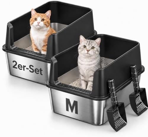 2er-Set Katzentoilette Edelstahl mit Hoher Rand für Katzen bis 5 kg & 2 Katzen, Offenes Katzenklo, Auslaufsicher & Einfach zu Reinigen, Antihaft Inklusive Schaufel, Schwarz