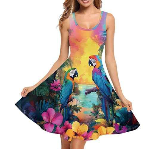 Image of TOADDITDO Women's Sleeveless O Neck Beach A-Line Party Coctail Tank Dresses Flared Sundress
