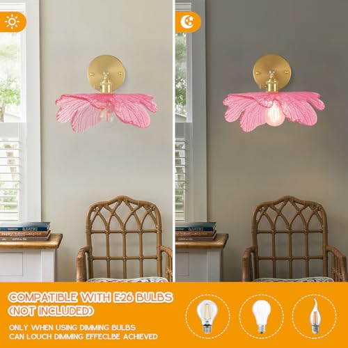 Image of Pink Glass Light Fixture Glass Flush Wall Sconce Lights Vintage Gold Bathroom Vanity Lights with Pink Flower Shape Shade 90 Adjustable Mid Century Rustic Wall Lamp for Over Mirror