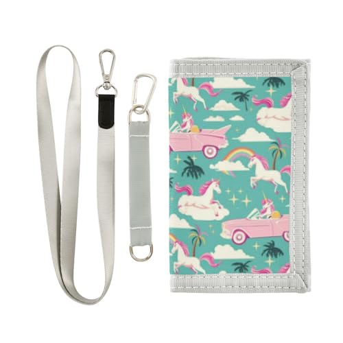 Wusikd Unicorns Vintage Kids Wallet for Boys Girls Pink Palm Trees Toddler Trifold Wallet Novelty Wallet for Teens Women Men