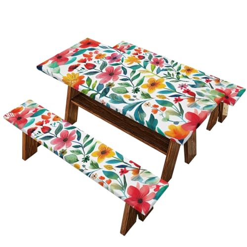 Flashideas Floral Print Picnic Table Cover with Bench Covers Set for Outdoor and Camping Camping Essentials Accessories with Elastic RV Camping Accessories and Camper Must Haves