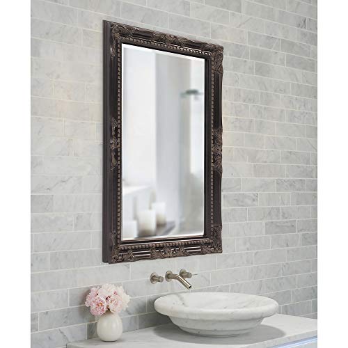 Image of Howard Elliott Collection Queen Ann Rectangular Antique Black Wall Mirror, Rectangle Hanging Wood Framed Vanity Mirrors for Home Decor, Living Room, Bathroom, Bedroom, or Hallway, 24 x 36 Inch