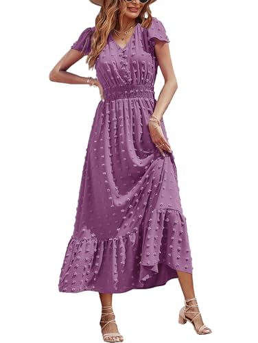 Image of CzzzyL Women Nursing Boho Maxi Dresses Cap Short Sleeve V Neck Swiss Dot High Waisted A-Line Ruffle Tiered with Pockets