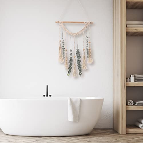 Tapiz de algodón para decoración de baño con eucalipto artificial y macramé 8