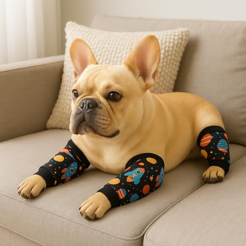 Image of Petwarm Dog Recovery Leg Sleeves 4pcs Set Rocket Print - Breathable Anti-Lick Dog Leg Sleeves, Surgery Recovery Wraps for Joint Support, 4-Pack for Small Dogs, Black Gold, S