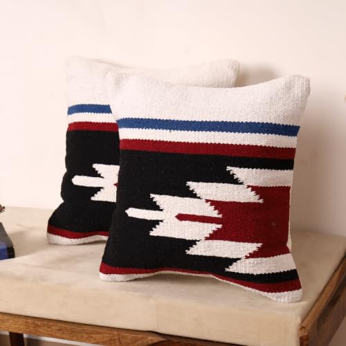 Image of Handwoven Kilim Cushion Covers 16x16 Boho Cotton Sofa Cushion Cover Southwestern Aztec Design Square Pillow Covers for Living Room Set of 2