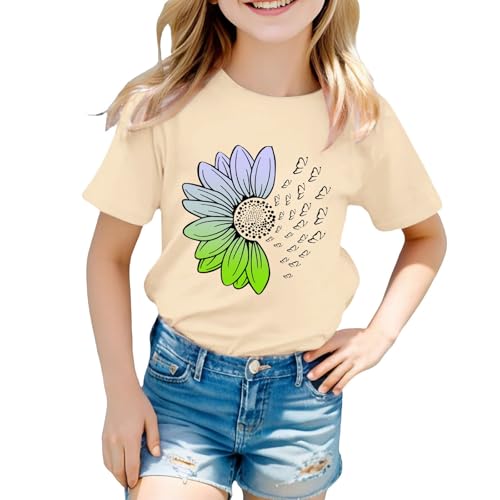 Girls Loose Fit Sunflower Graphic T Shirts Short Sleeve Crewneck Cute Pattern Printed Tops Kids (D-Beige, 8-9 Years)3