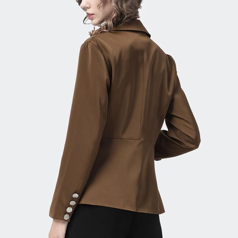 トップス andequal ribbon sleeve tops brown CJQJPNZ Suit Collar Flowy Womens Brown Satin Shirt Long