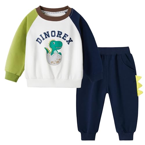 Volunboy Conjunto de ropa de dinosaurios para niño pequeño, sudadera + pantalones de jogging 2 piezas conjunto (Dinorex Blanco, 5-6 años, Talla 130)