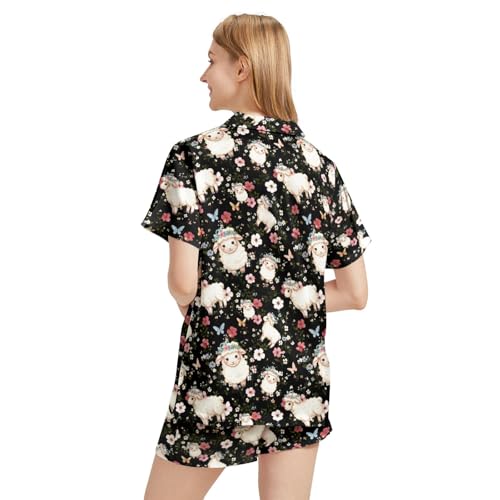 Image of Silk Satin Pajama Set for Women Summer Lounge Pjs Sets 2 Piece Suit Ladies Button Down Tops And Shorts Sleepwear